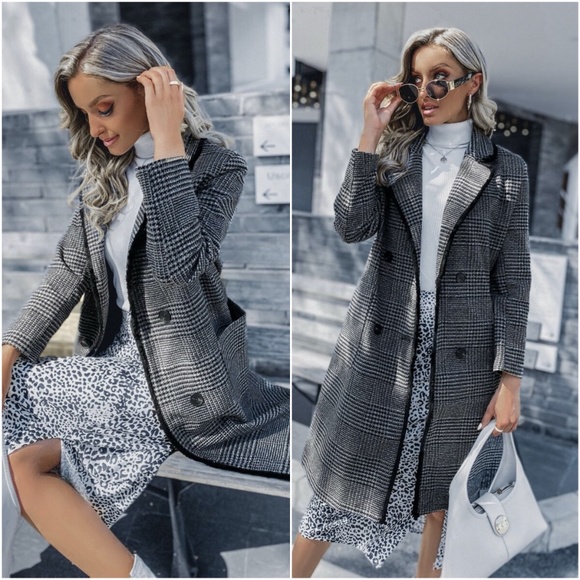 Jackets & Blazers - black button plaid trench fall pea coat jacket